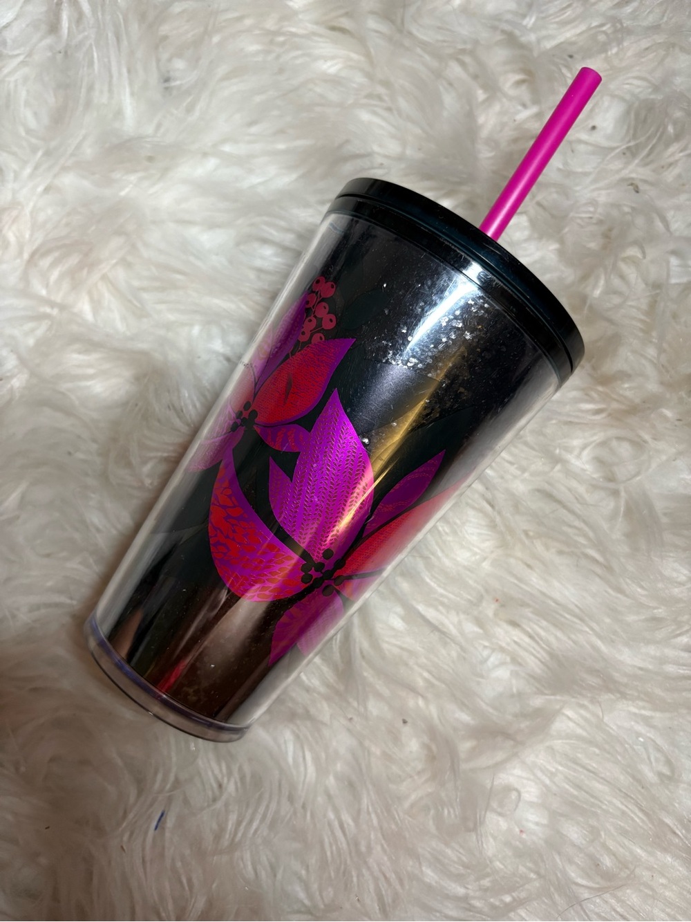Starbucks Black Floral Travel Tumbler with Hot Pink Straw